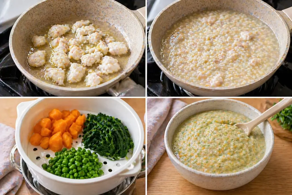 Four-step collage showing fish cooking, rice porridge, steamed vegetables, and mashed baby puree in bowls