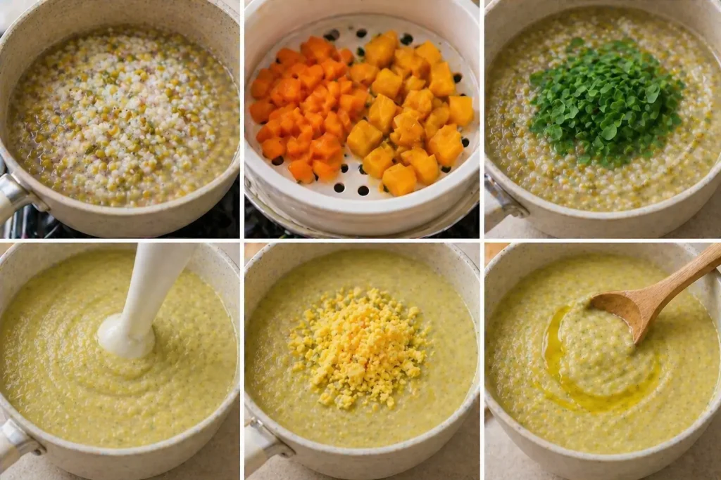 Six-panel collage showing baby food preparation with rice, split green gram, steamed carrot pumpkin, moringa leaves, egg yolk, and olive oil puree