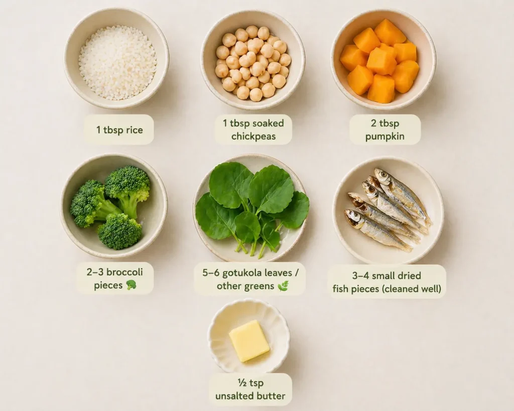 Baby food ingredients including rice, soaked chickpeas, pumpkin, broccoli, gotukola leaves, dried fish, and unsalted butter arranged neatly in bowls