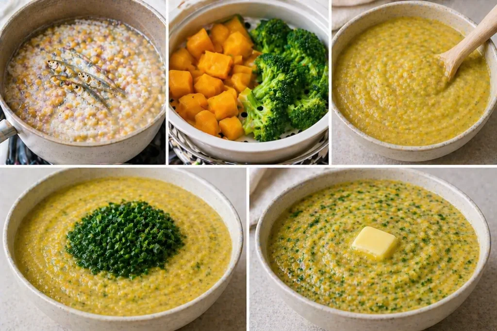 Five-panel collage showing baby food preparation with rice, chickpeas, dried fish, steamed pumpkin, broccoli, chopped greens, and butter puree