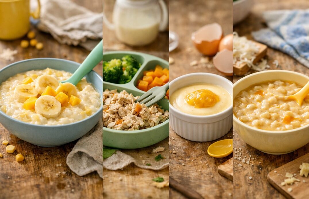 homemade baby meals collage including rice with banana mango yogurt oats chicken egg pudding and pasta soup