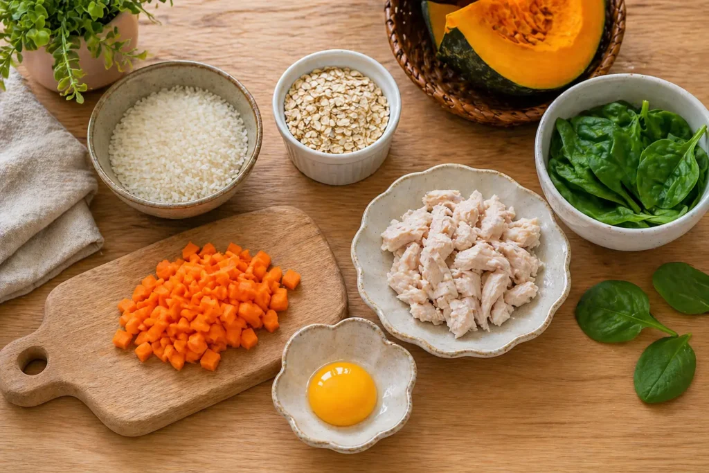 Rice, oats, carrot, pumpkin, spinach, egg yolk, and chicken pieces arranged neatly on a wooden kitchen table for healthy baby meals