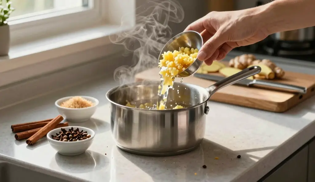 Hand adding ginger pulp into a steaming saucepan with cinnamon, cloves, and sugar on a kitchen counter