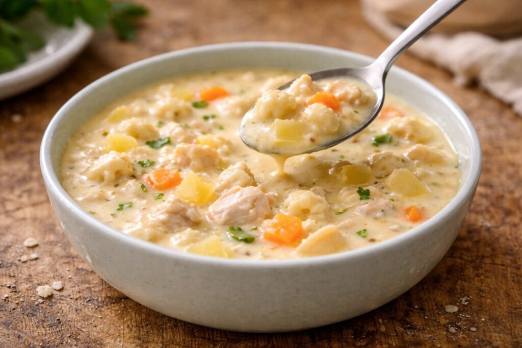creamy cheesy pasta soup with chicken and potato for baby homemade meal