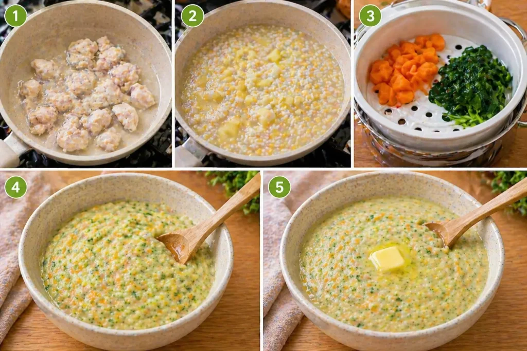Five-step collage showing chicken cooking, rice and lentils simmering, steamed carrot and spinach, mashed baby puree, and butter mixed into baby food