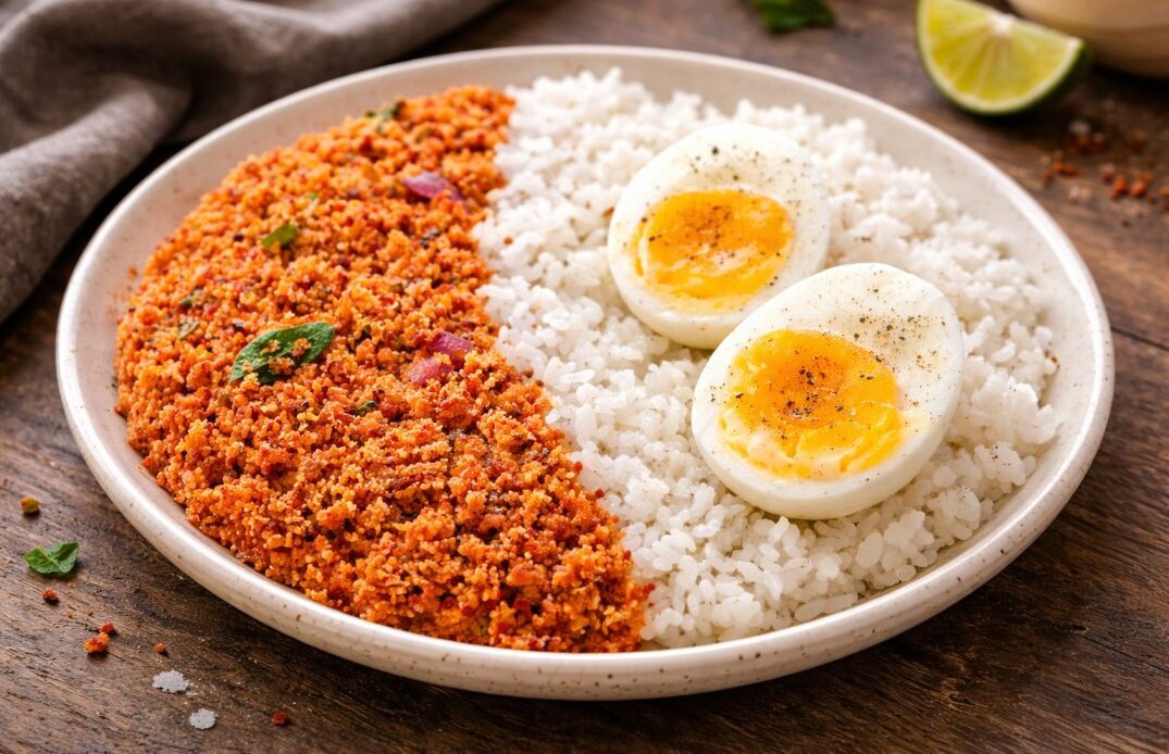 Sri Lankan coconut sambol served with white rice and soft boiled egg on a plate