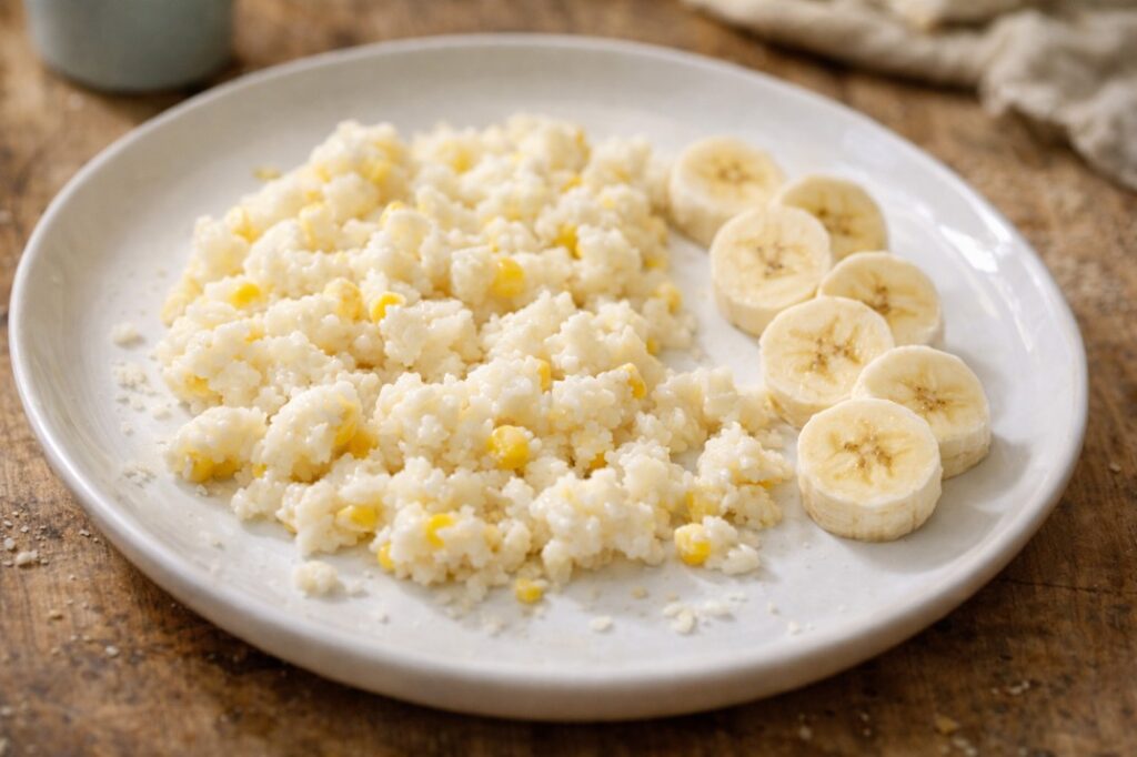 soft corn milk rice for baby with banana slices on a plate homemade baby food