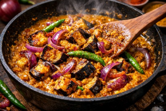 Sri Lankan wambatu pahi eggplant curry being cooked with onions, green chilies, and thick spicy gravy
