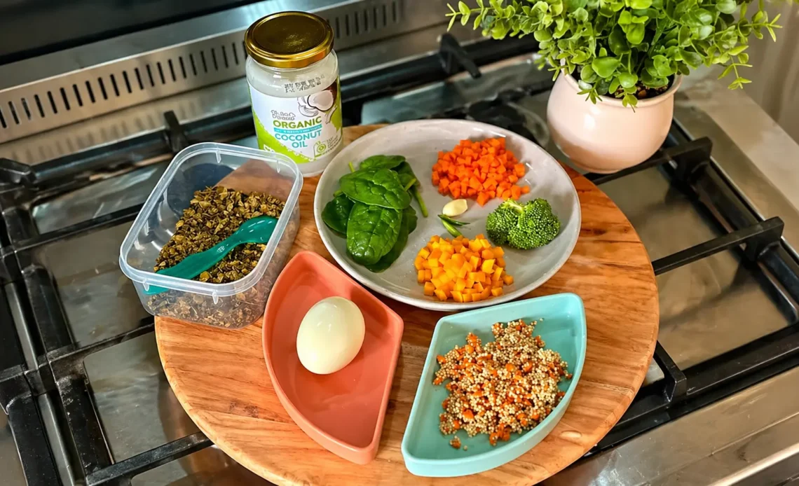 Healthy baby food ingredients arranged on a wooden board in a kitchen with vegetables, egg, grains, and coconut oil