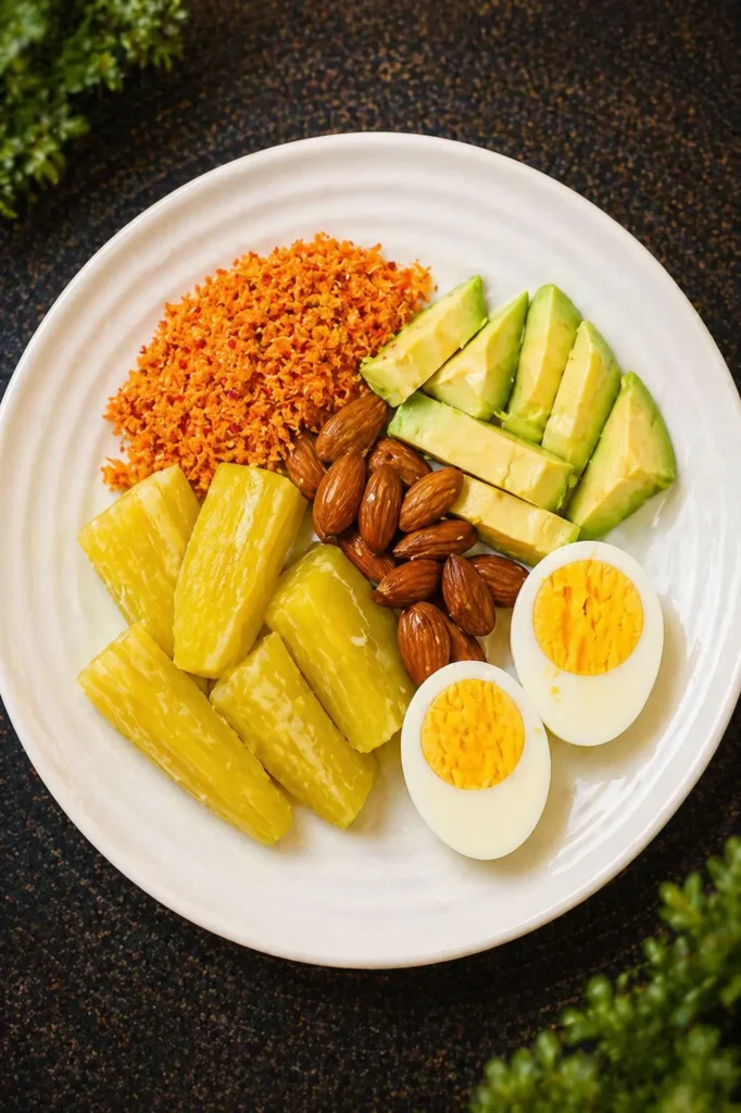 Healthy breakfast plate with avocado slices, boiled eggs, almonds, cassava, and spicy coconut sambol