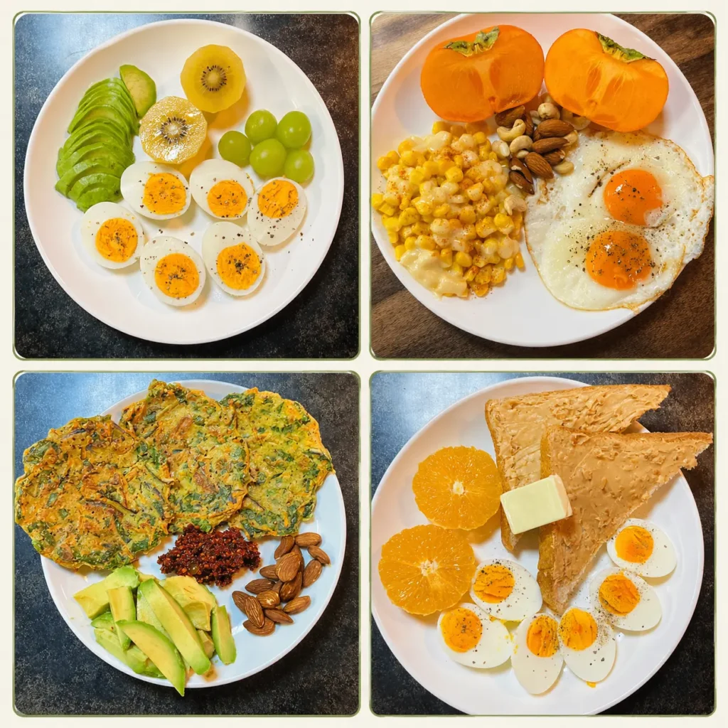 healthy breakfast with eggs and fruits during my dieting journey
