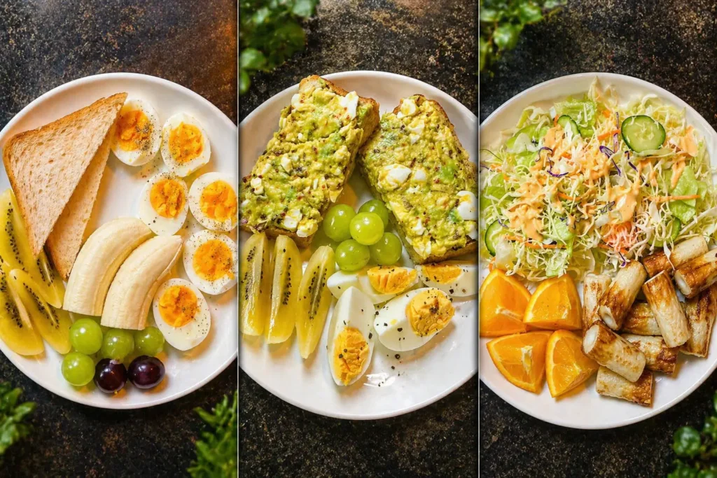 Full-width triptych of healthy breakfast meals with eggs, fruits, and omelette