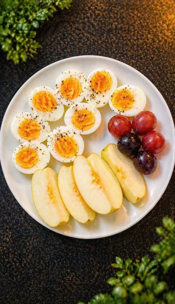 Boiled eggs with black pepper, sliced apples, and grapes served on a white plate in a cozy setting