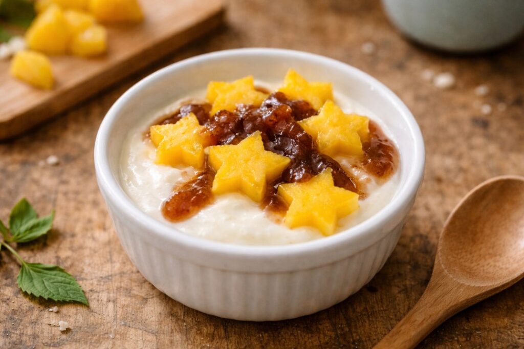 homemade yogurt with mango pieces and dates paste for baby healthy snack