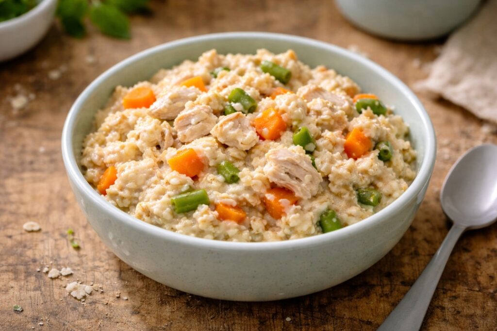 soft oats with chicken carrots and beans homemade baby meal in a bowl