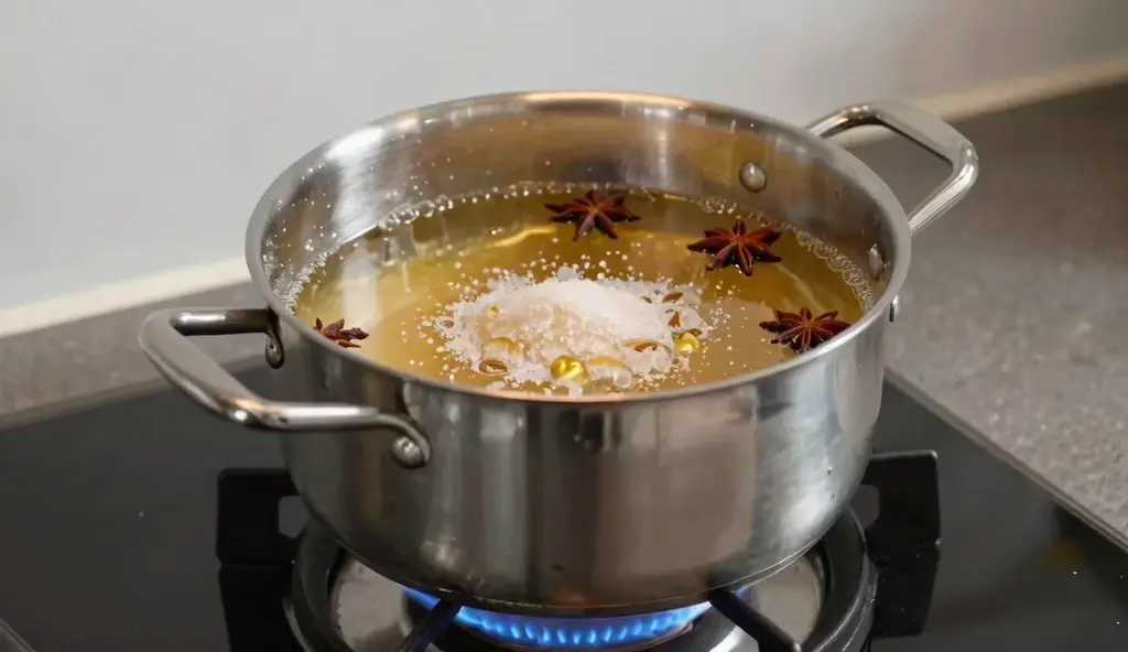 Ginger beer mixture simmering in a saucepan with sugar and whole spices on a gas stove