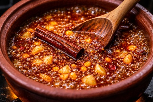spicy gravy base with garlic, spices, and cinnamon cooking in a clay pot for Sri Lankan wambatu pahi