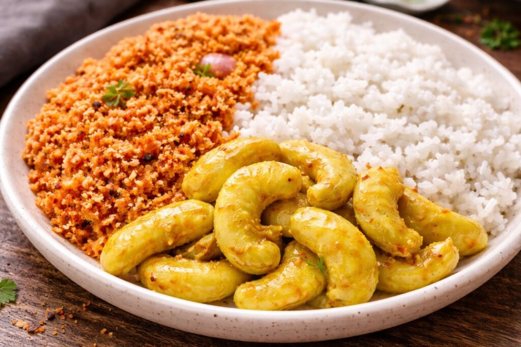 Sri Lankan coconut sambol served with rice and cashew curry on a plate