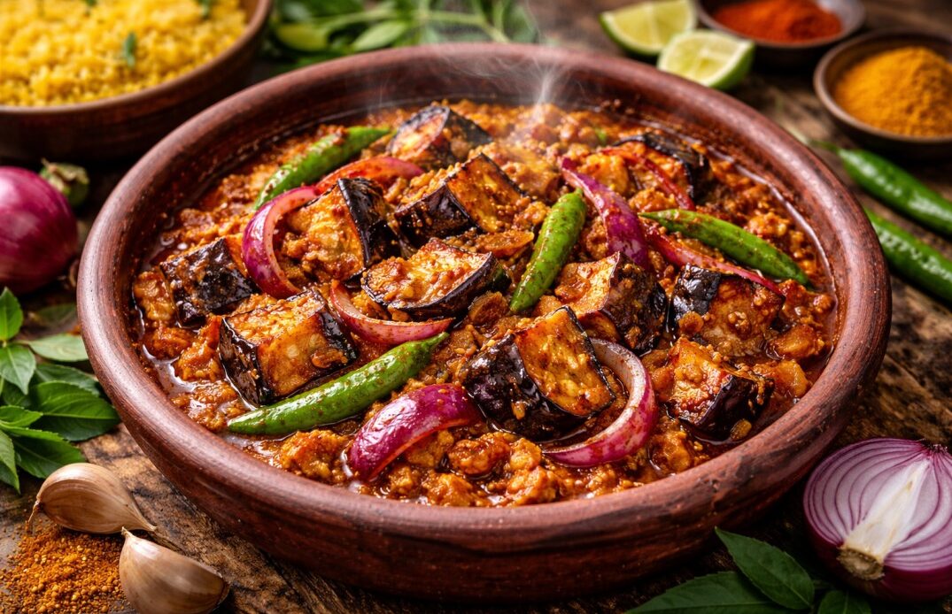 Sri Lankan wambatu pahi eggplant curry with onions, green chilies, and thick spicy gravy in a clay pot