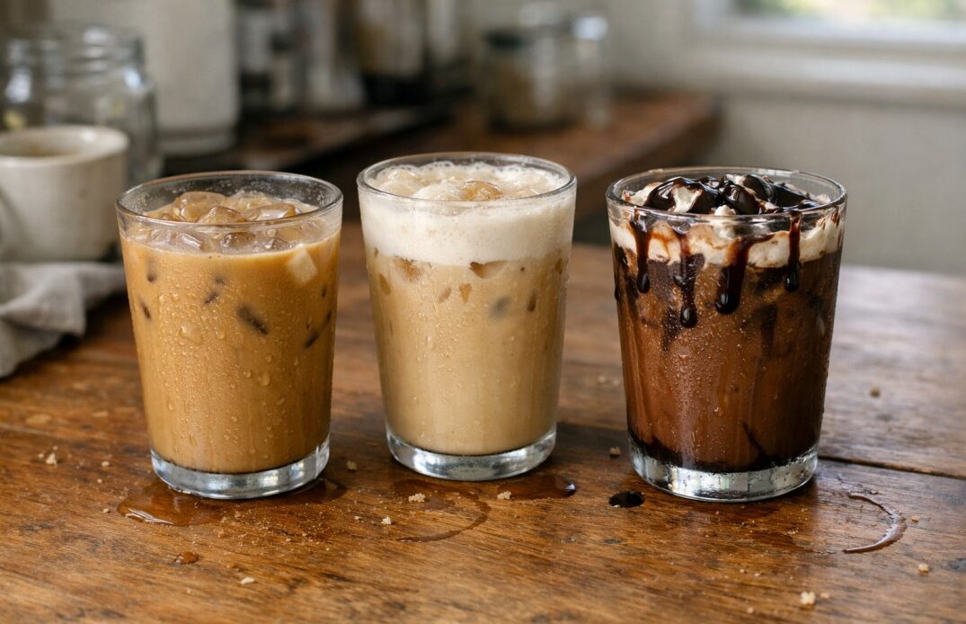 three iced coffee recipes at home including simple, creamy, and chocolate iced coffee