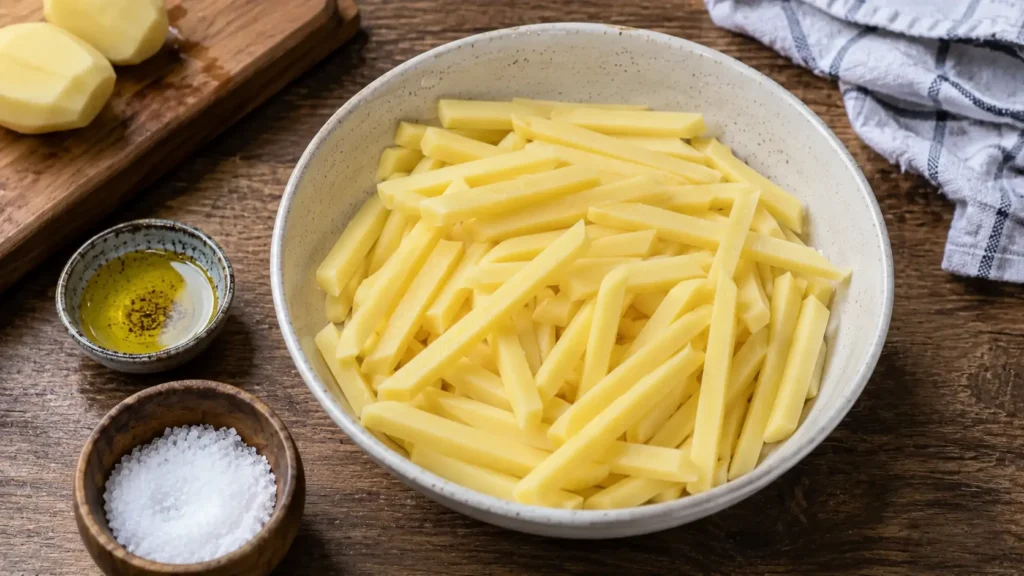 homemade potato strips with oil and salt for air fryer fries