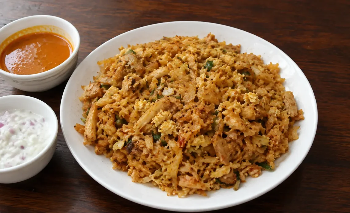homemade Sri Lankan chicken kottu served with spicy curry sauce and raita on wooden table