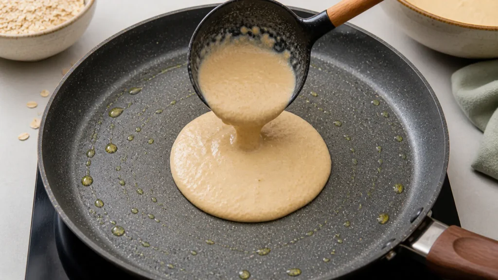 pancake batter being poured into non stick pan with oil for banana oat pancakes