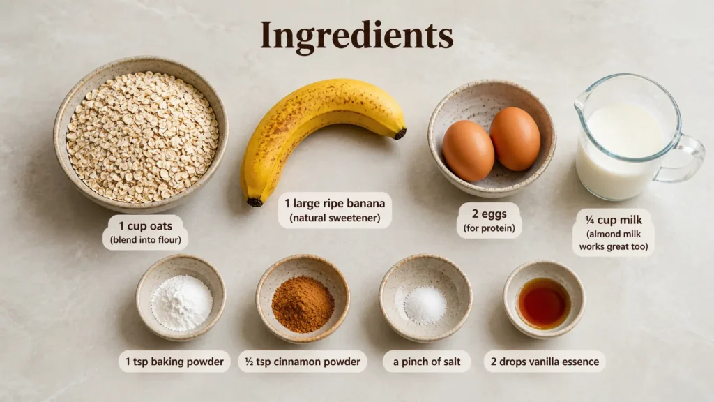oats banana eggs milk and spices arranged on table for banana oat pancakes recipe