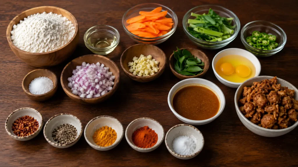 ingredients arranged on table for homemade Sri Lankan chicken kottu and godamba roti recipe