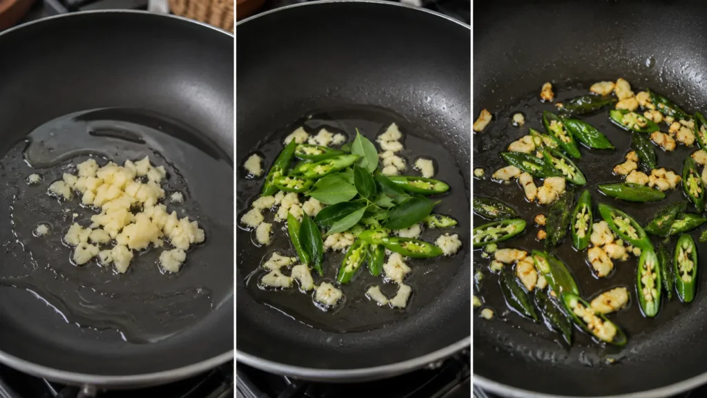 garlic curry leaves and green chilies sautéing in pan 