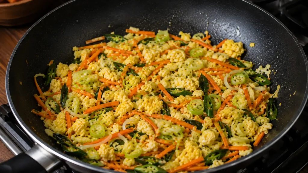 scrambled eggs mixed with vegetables in pan for homemade Sri Lankan chicken kottu
