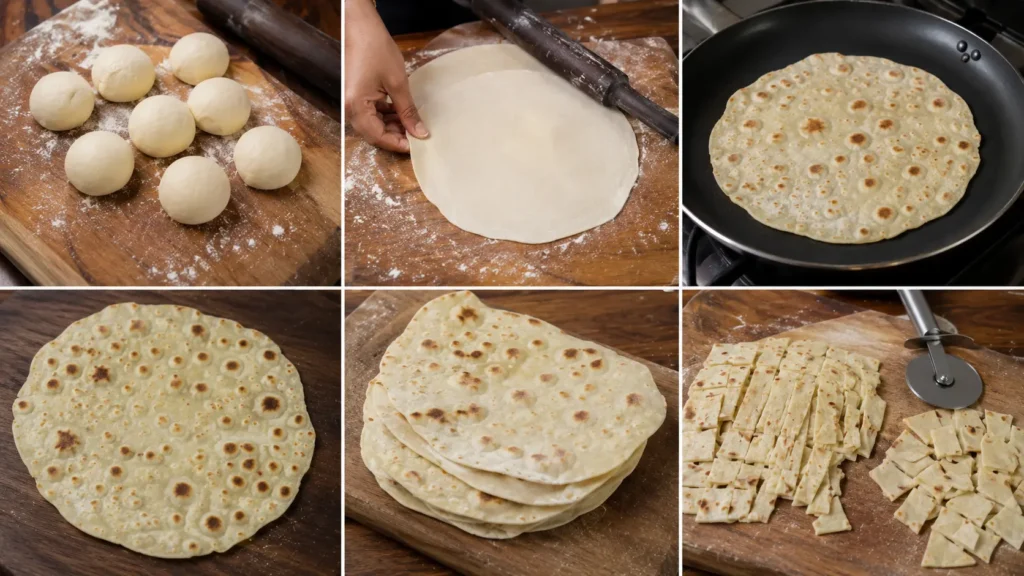 homemade godamba roti being rolled cooked in pan and cut into strips 