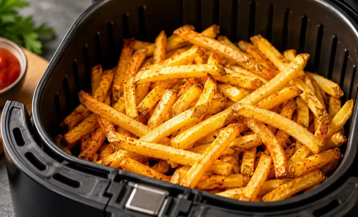 crispy homemade air fryer french fries in an air fryer basket