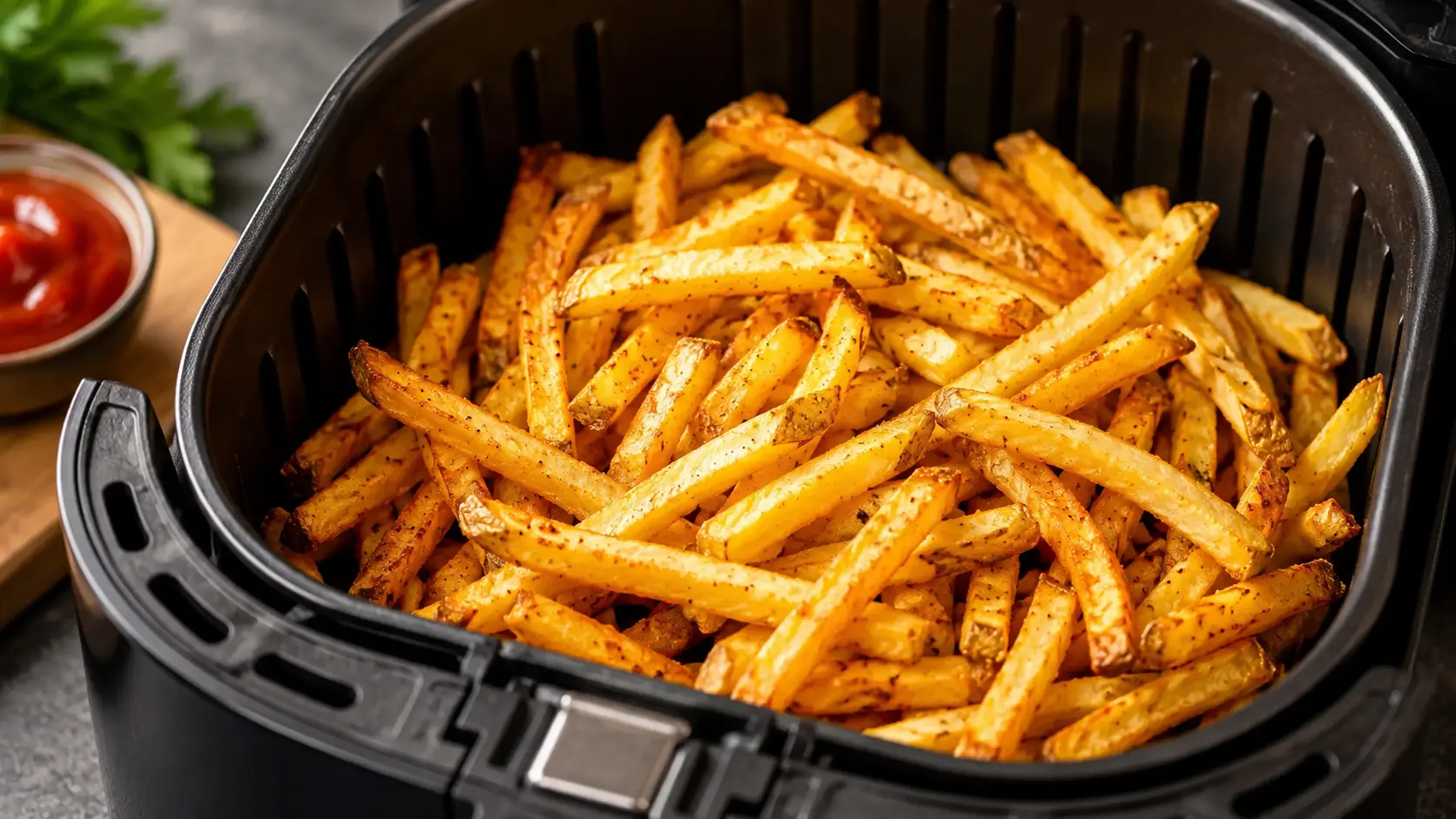 crispy homemade air fryer french fries in an air fryer basket