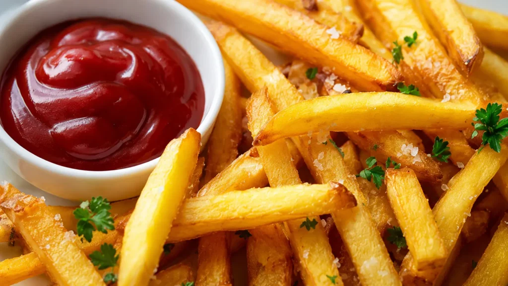 close-up of crispy homemade French fries with ketchup