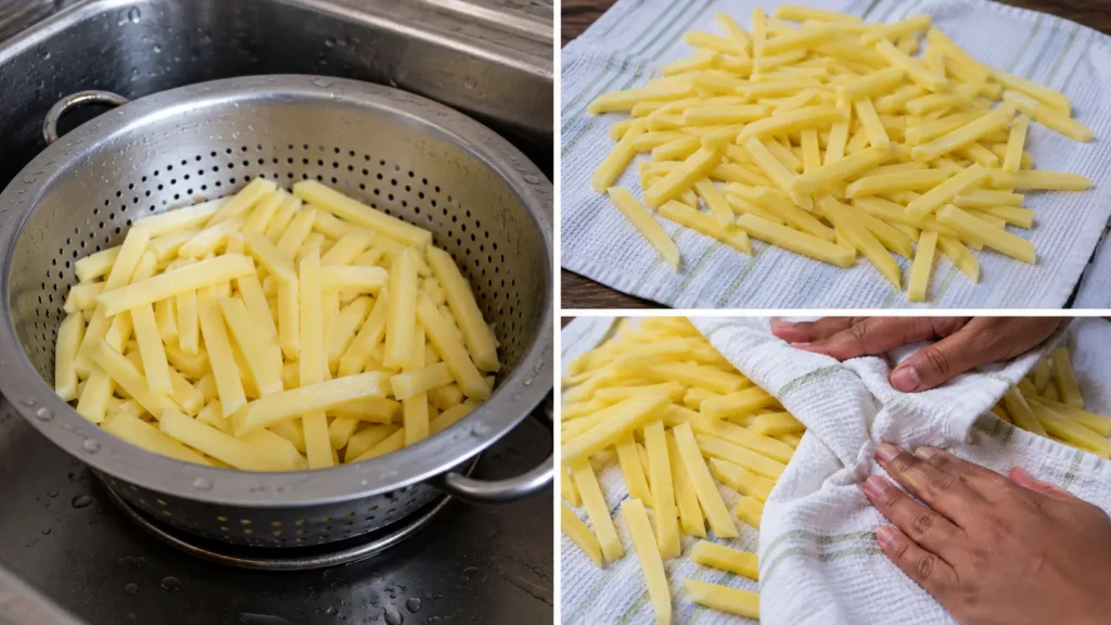 drying homemade potato strips on a kitchen towel before air frying