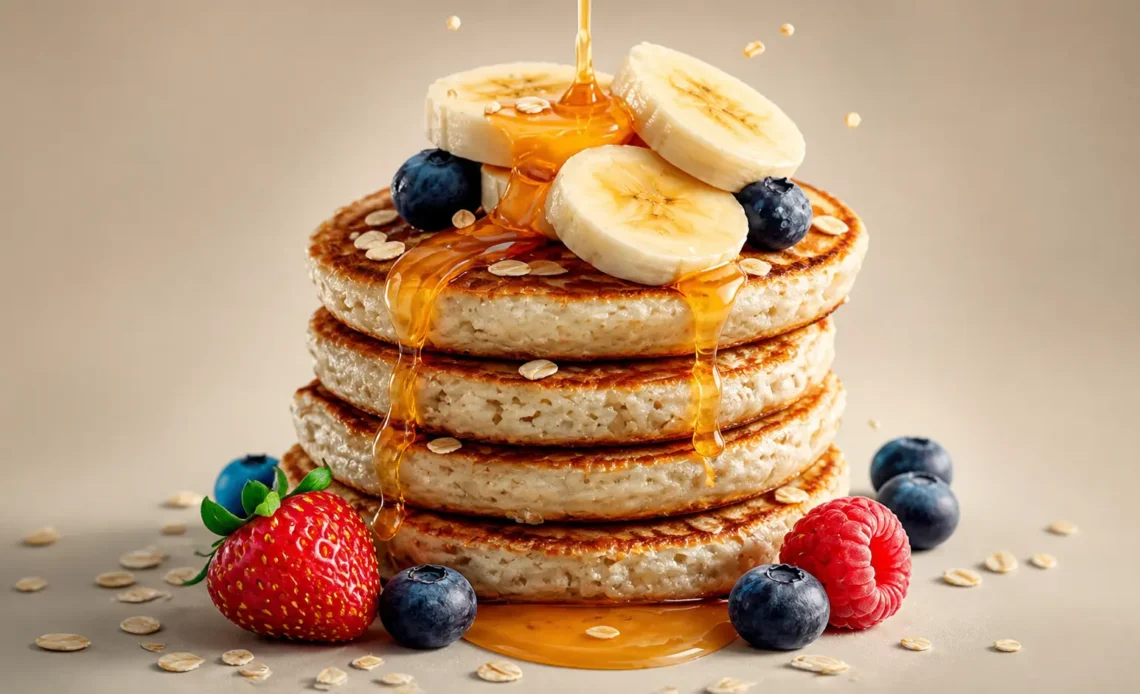 stack of banana oat pancakes with honey drizzle blueberries strawberries and oats on top