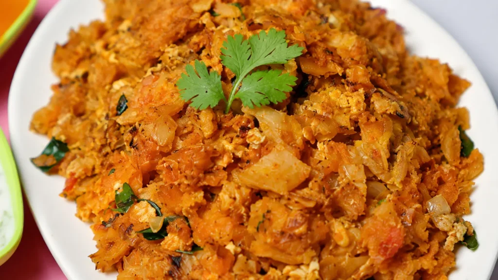 close up of homemade Sri Lankan chicken kottu with egg vegetables and spices