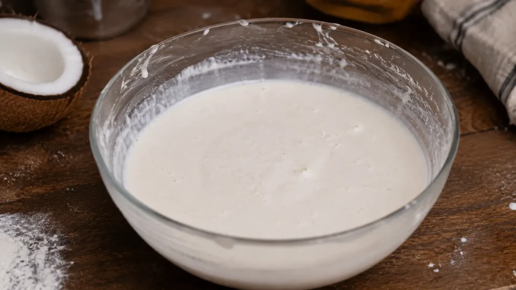 homemade Sri Lankan hopper batter resting in a mixing bowl