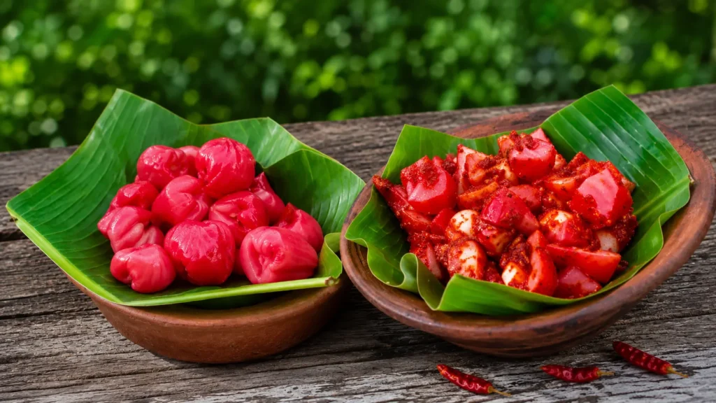 spicy jambu fruit served in rustic bowls