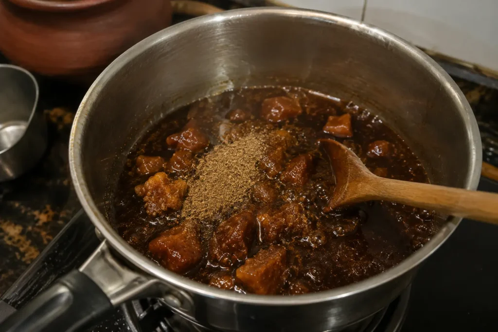 melting kithul jaggery with spices 