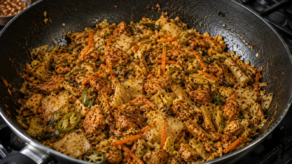 homemade Sri Lankan chicken kottu mixed in pan with godamba roti chicken eggs and vegetables