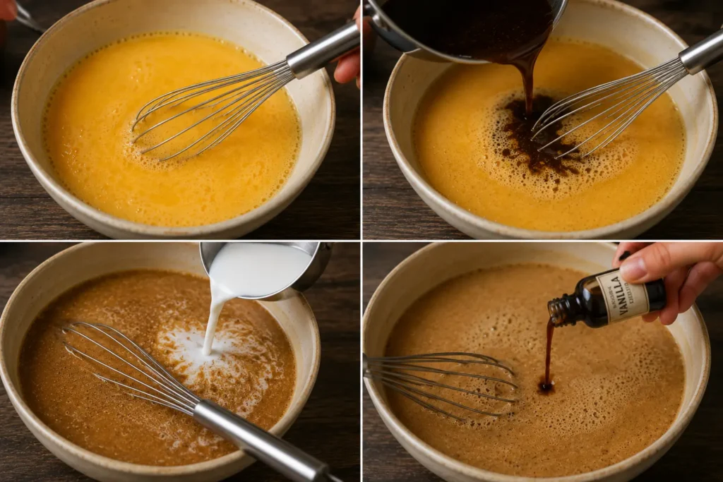 mixing eggs jaggery coconut milk and vanilla 