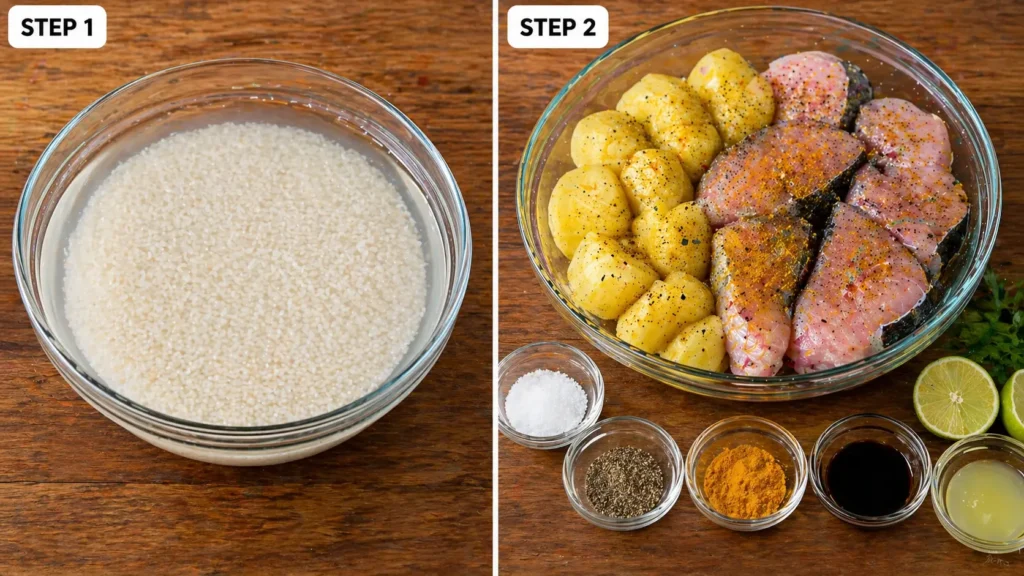 preparing one pot fish potato rice recipe with soaked rice and seasoned fish and potatoes
