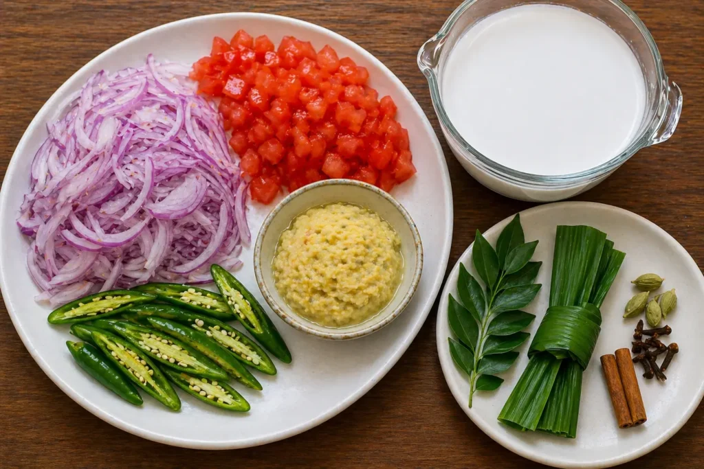sliced onion green chilies chopped tomato garlic ginger paste spices and coconut milk prepared for one pot fish potato rice recipe