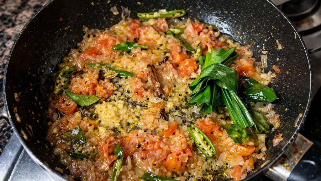 onion green chilies curry leaves spices and tomato cooking in pan for one pot fish potato rice recipe