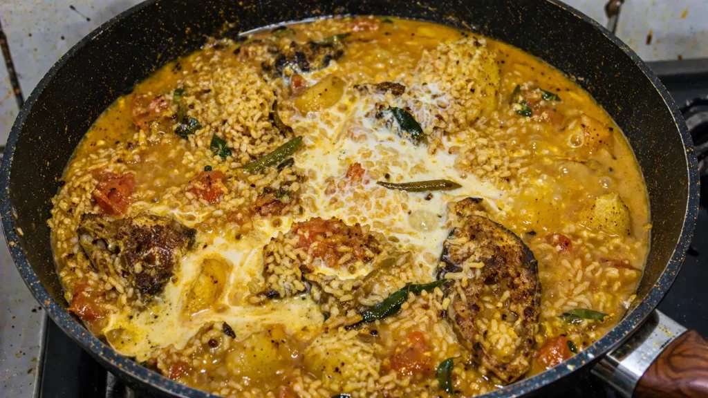 rice cooking with coconut milk fish and potatoes in pan for one pot fish potato rice recipe