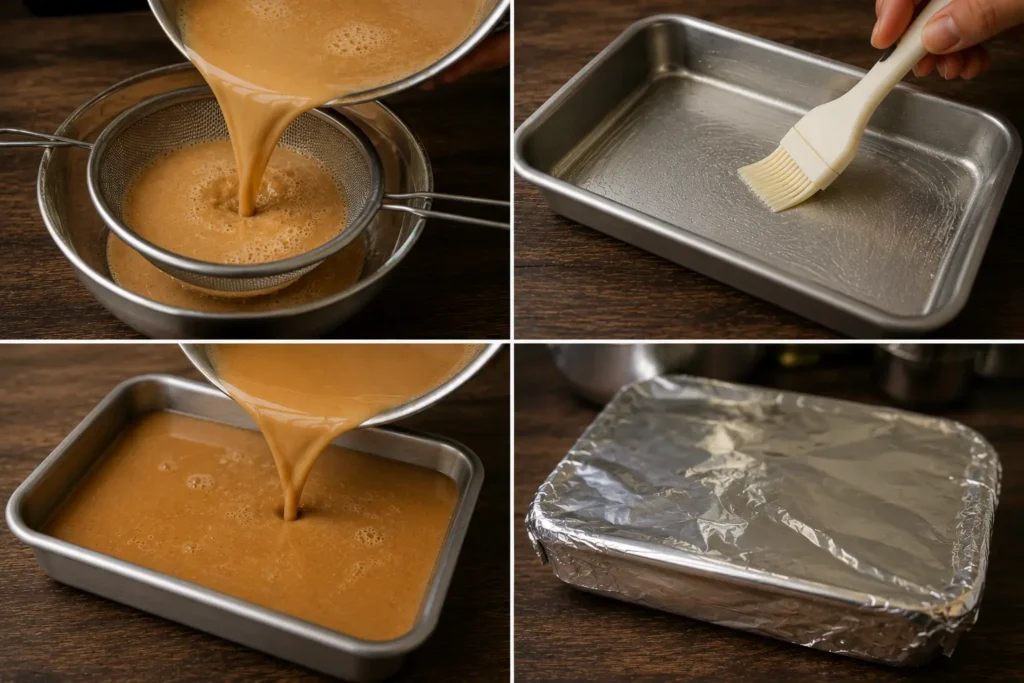 straining and pouring homemade watalappam mixture into baking tray