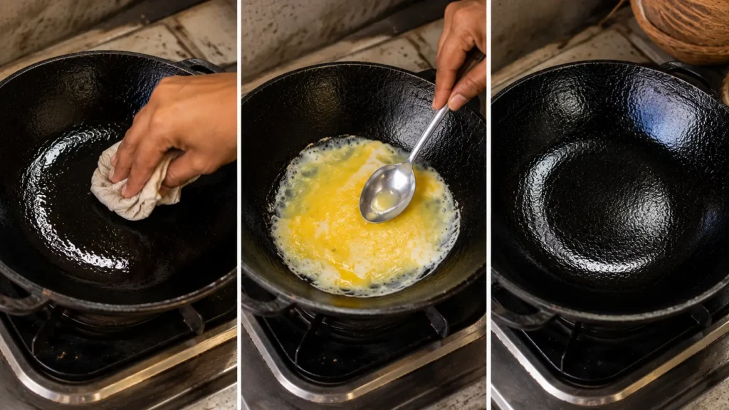 seasoning a hopper pan before making Sri Lankan appa