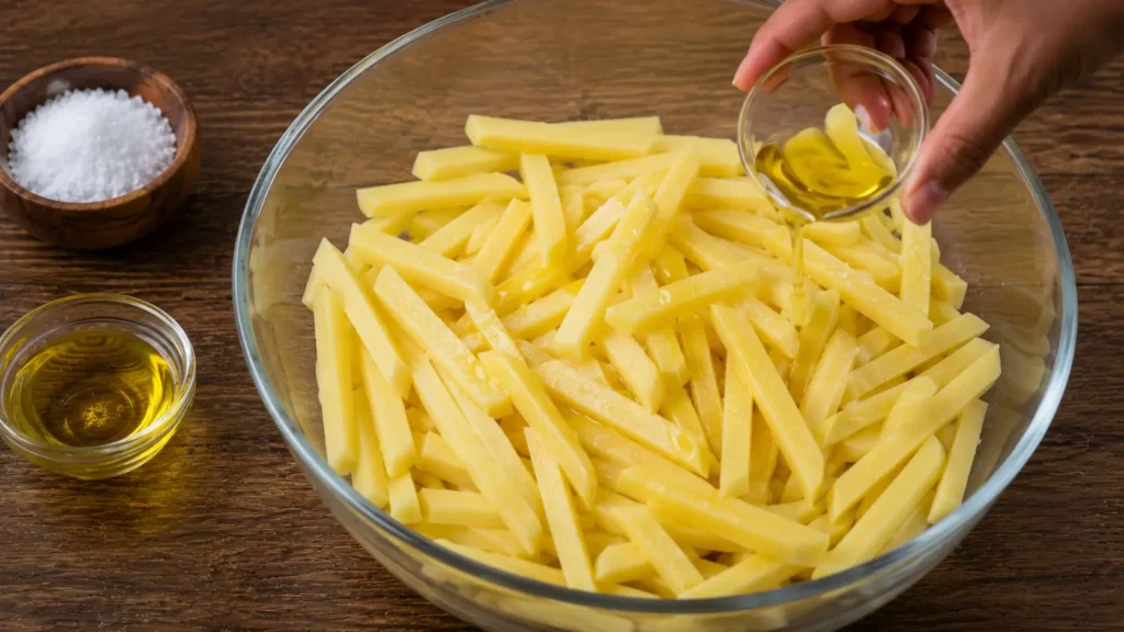 potato strips mixed with oil and salt before air frying